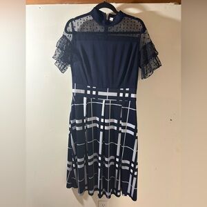 Navy and White Plaid Fit-and-Flare Dress with Lace Sleeves